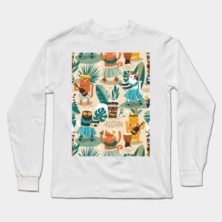 Secret Hawaiian beach party // pattern // ivory sand background gold drop orange goldenrod yellow dark oak brown and white cats Long Sleeve T-Shirt